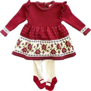 Max Studio baby red floral sweater dress, tight and hat matching set size 0-3 mo
